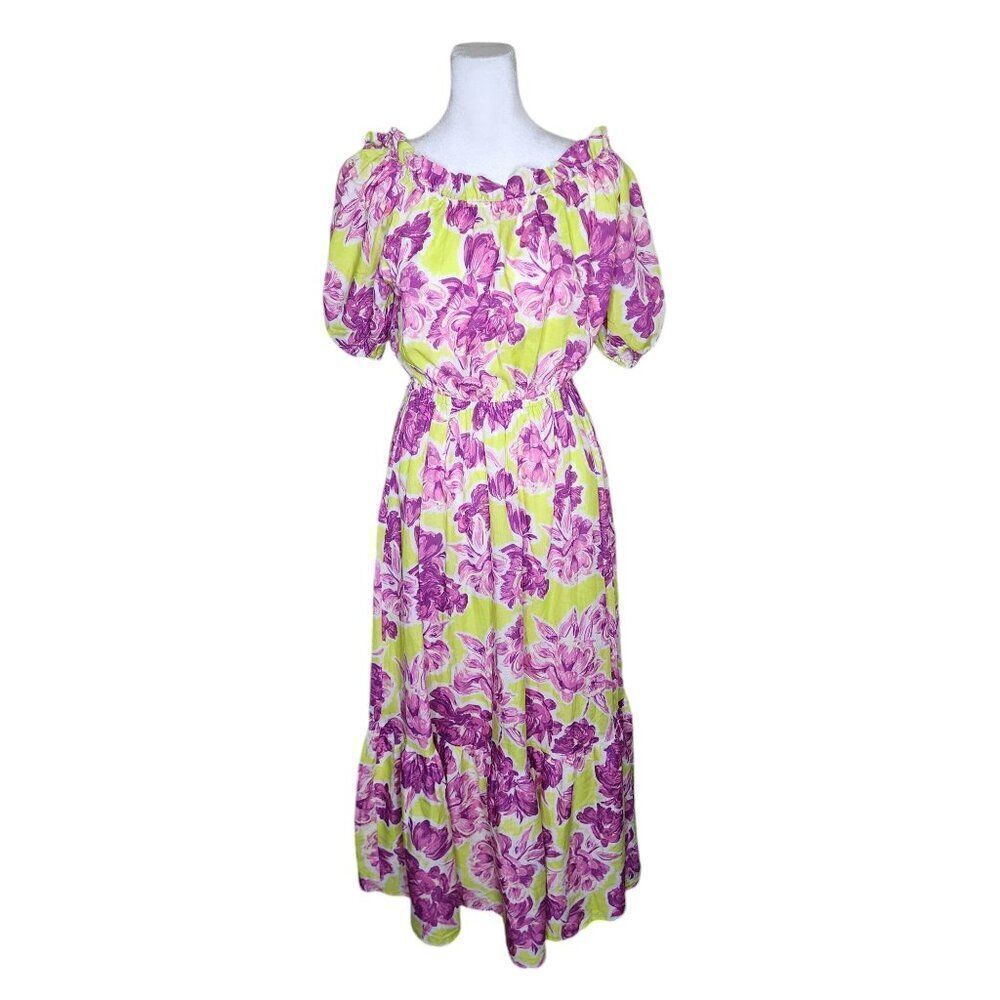 Flying Tomato Floral Printed Off Shoulder Ruffle Maxi Dress Womens M Purple